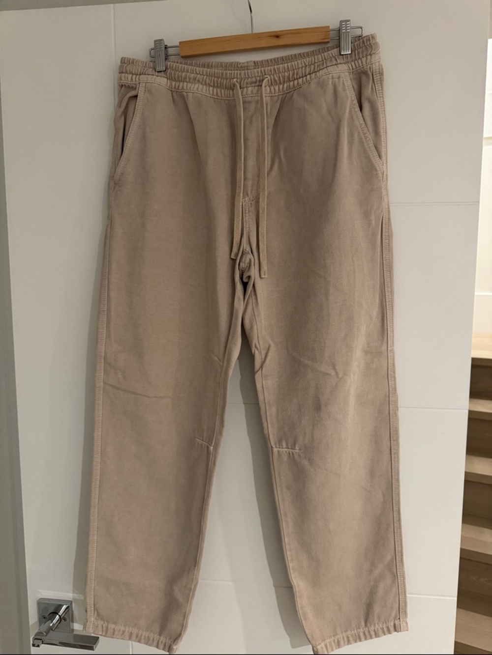 Zara Stone Beige Drawstring loose fit twill pant cotton and linen blend